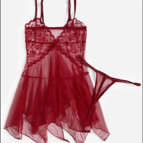 Red Lace Mesh Sheer Transparent Lingerie 2 Pc - Picture 2 of 6